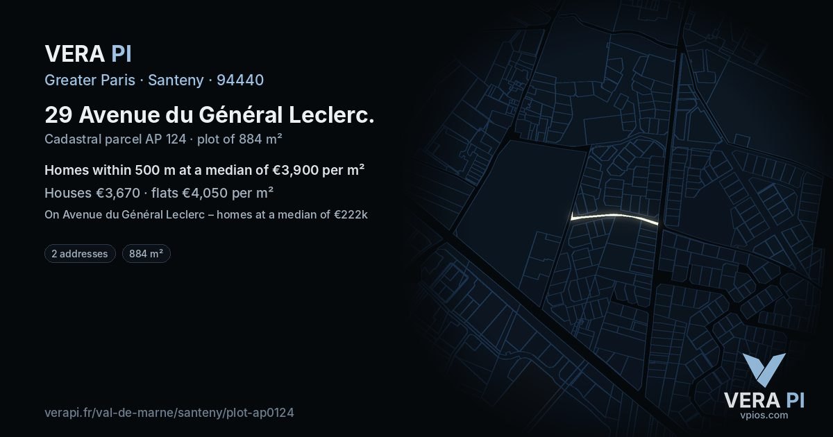 29 Avenue du Général Leclerc, Santeny at night – the plot lit, the parcels around coloured by the prices near them