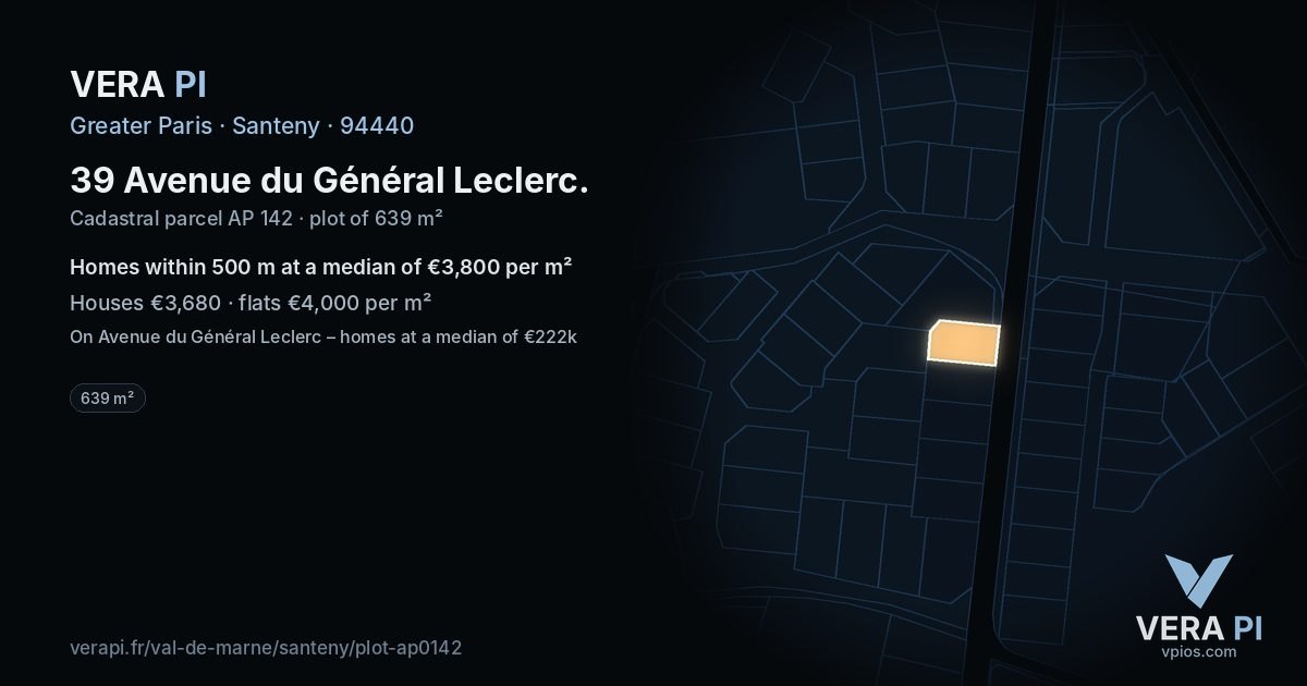 39 Avenue du Général Leclerc, Santeny at night – the plot lit, the parcels around coloured by the prices near them