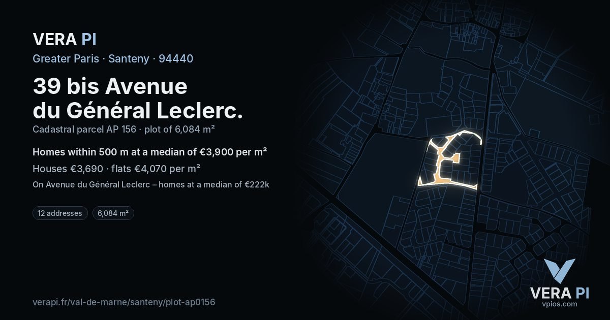 39 bis Avenue du Général Leclerc, Santeny at night – the plot lit, the parcels around coloured by the prices near them