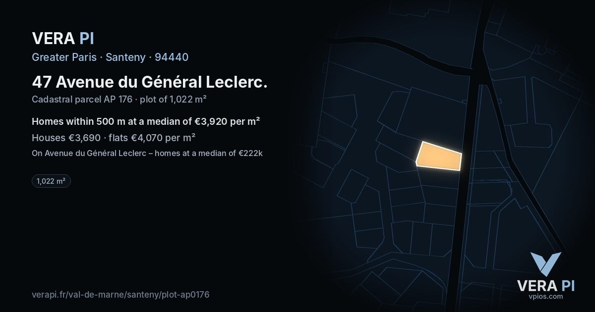 47 Avenue du Général Leclerc, Santeny at night – the plot lit, the parcels around coloured by the prices near them