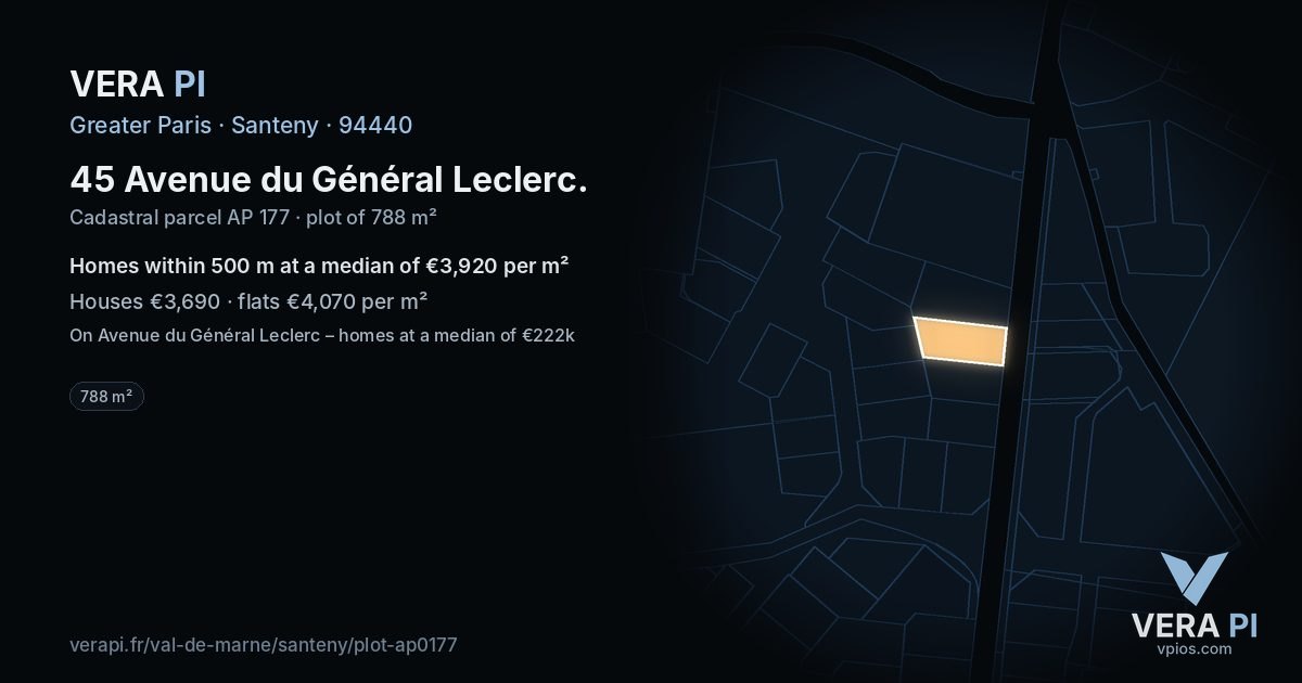 45 Avenue du Général Leclerc, Santeny at night – the plot lit, the parcels around coloured by the prices near them