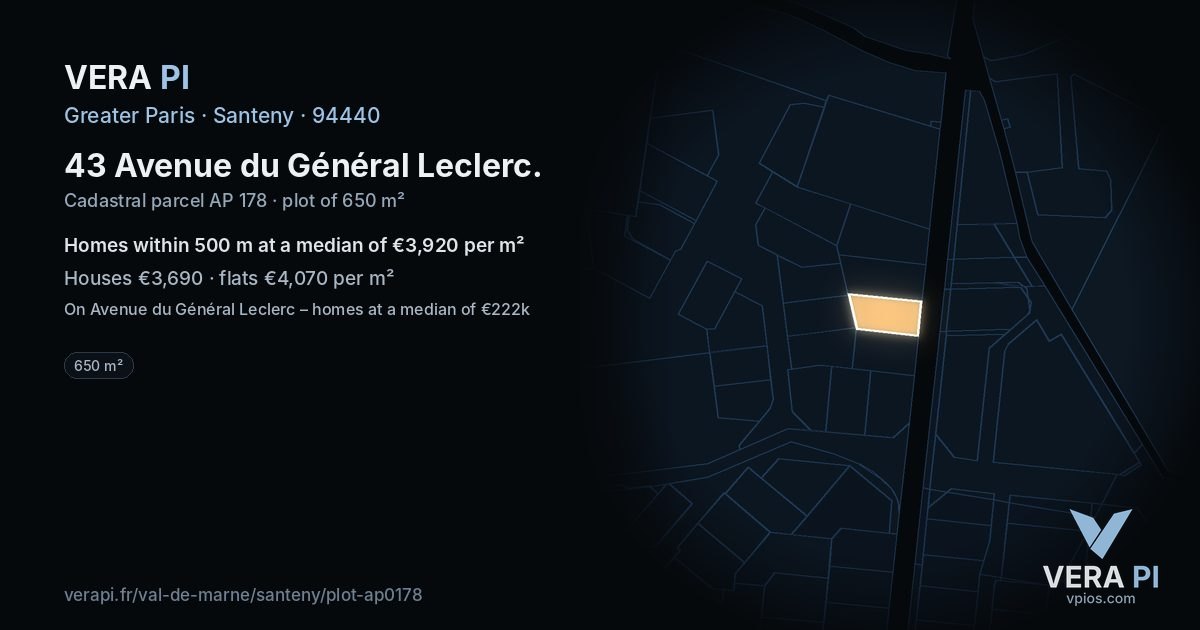43 Avenue du Général Leclerc, Santeny at night – the plot lit, the parcels around coloured by the prices near them