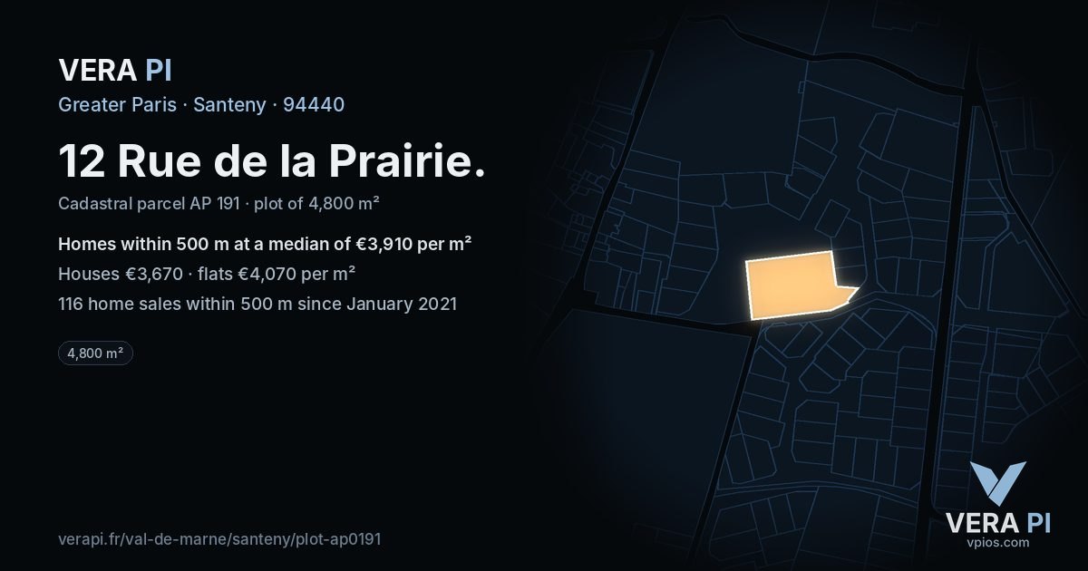12 Rue de la Prairie, Santeny at night – the plot lit, the parcels around coloured by the prices near them