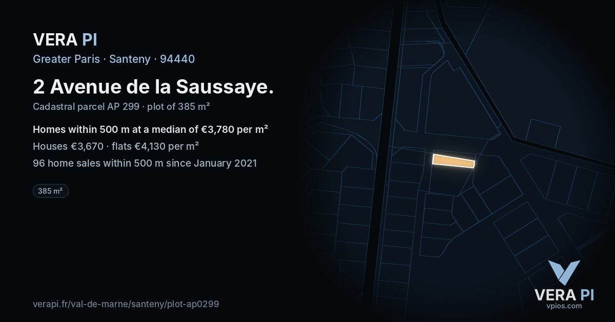 2 Avenue de la Saussaye, Santeny at night – the plot lit, the parcels around coloured by the prices near them