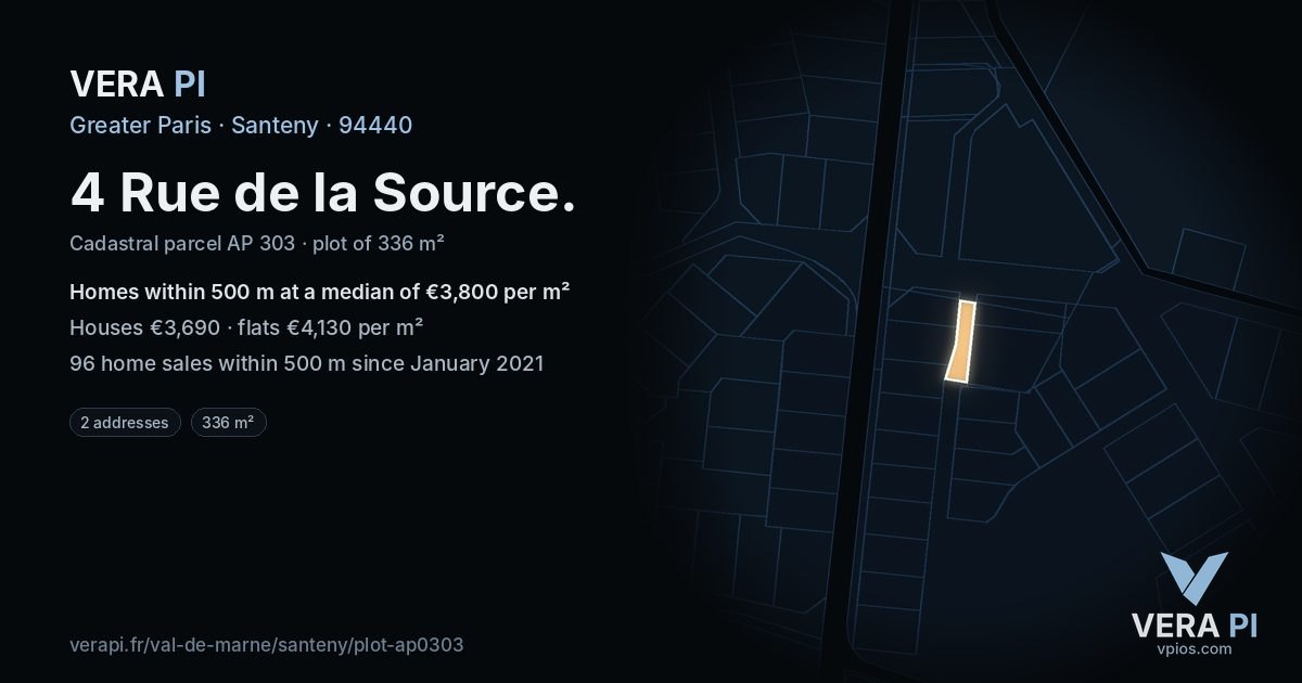 4 Rue de la Source, Santeny at night – the plot lit, the parcels around coloured by the prices near them