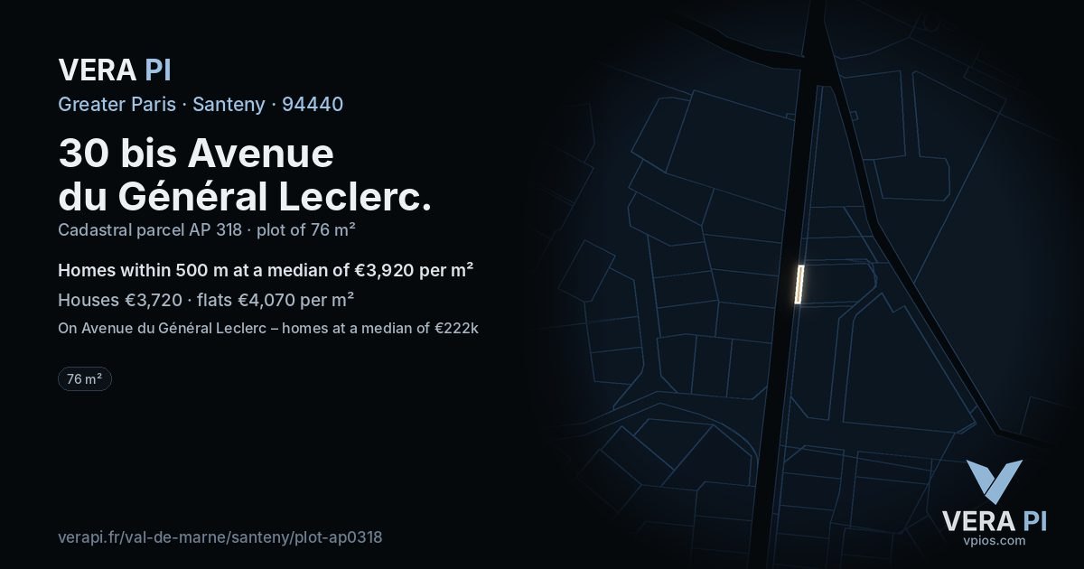 30 bis Avenue du Général Leclerc, Santeny at night – the plot lit, the parcels around coloured by the prices near them
