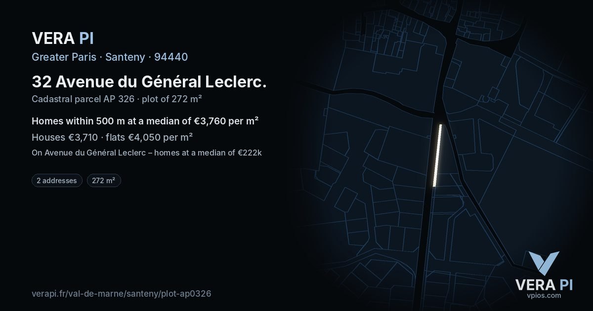 32 Avenue du Général Leclerc, Santeny at night – the plot lit, the parcels around coloured by the prices near them