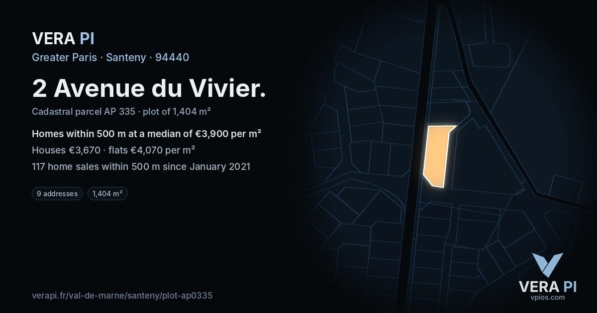 2 Avenue du Vivier, Santeny at night – the plot lit, the parcels around coloured by the prices near them