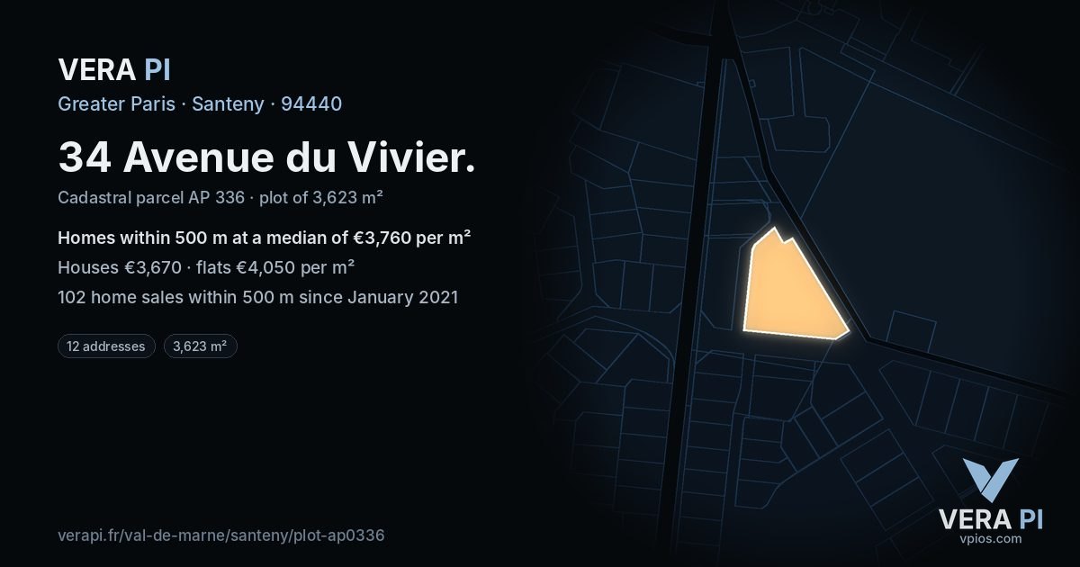34 Avenue du Vivier, Santeny at night – the plot lit, the parcels around coloured by the prices near them