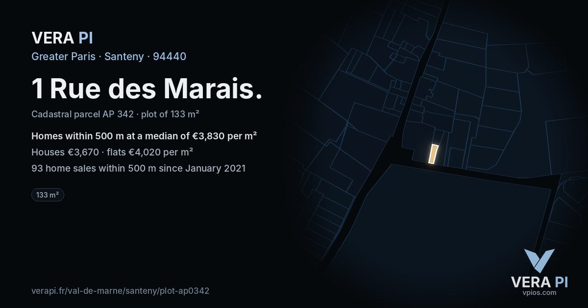 1 Rue des Marais, Santeny at night – the plot lit, the parcels around coloured by the prices near them