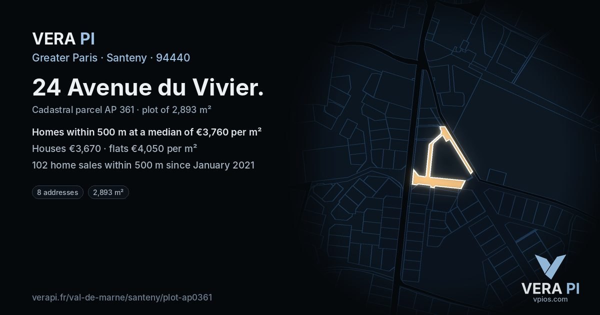 24 Avenue du Vivier, Santeny at night – the plot lit, the parcels around coloured by the prices near them