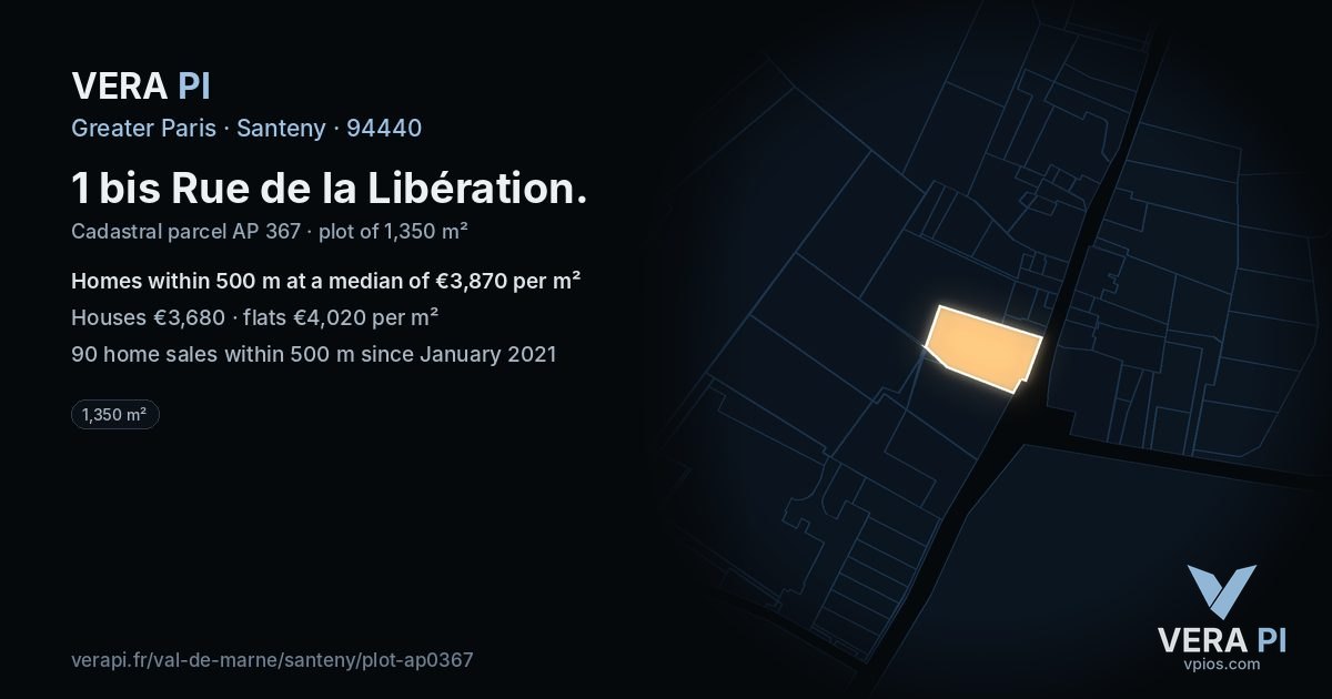 1 bis Rue de la Libération, Santeny at night – the plot lit, the parcels around coloured by the prices near them