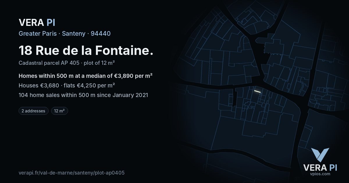 18 Rue de la Fontaine, Santeny at night – the plot lit, the parcels around coloured by the prices near them