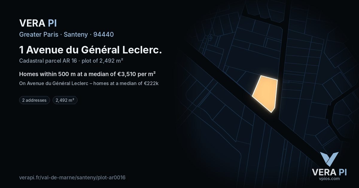 1 Avenue du Général Leclerc, Santeny at night – the plot lit, the parcels around coloured by the prices near them