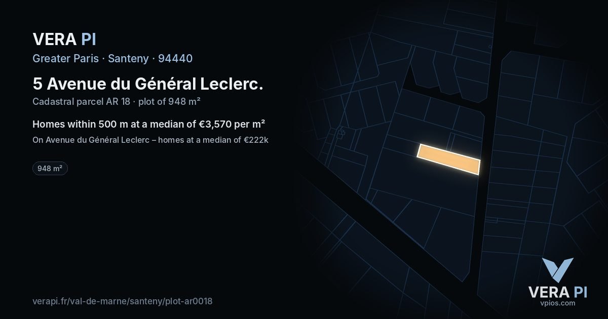 5 Avenue du Général Leclerc, Santeny at night – the plot lit, the parcels around coloured by the prices near them