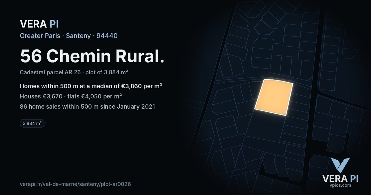 56 Chemin Rural, Santeny at night – the plot lit, the parcels around coloured by the prices near them