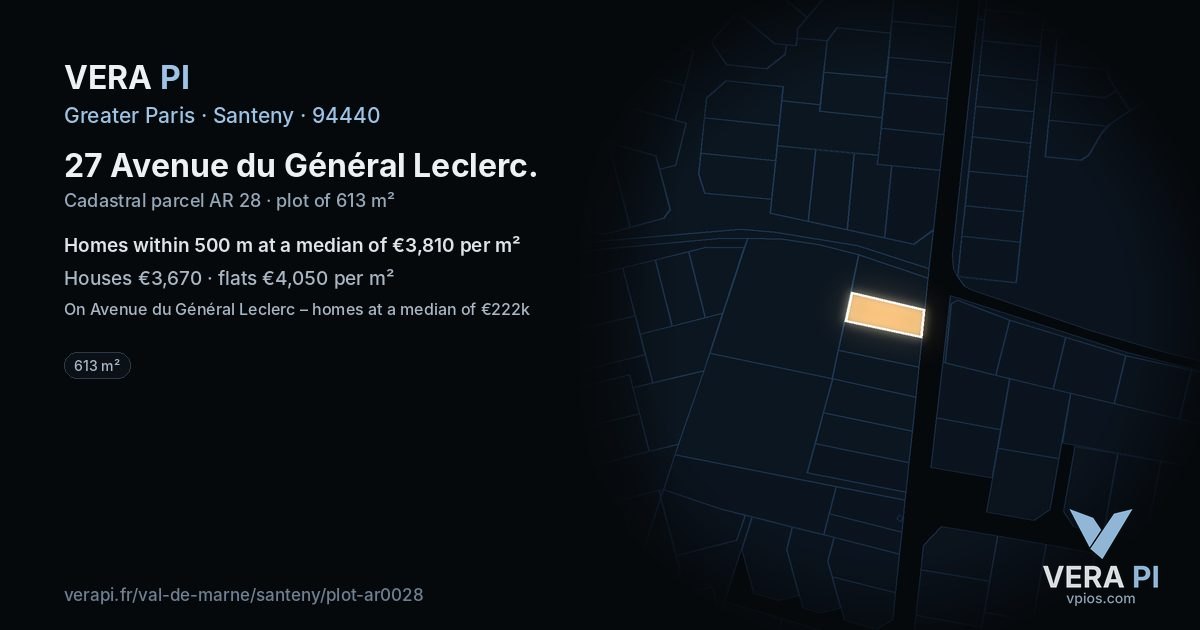 27 Avenue du Général Leclerc, Santeny at night – the plot lit, the parcels around coloured by the prices near them