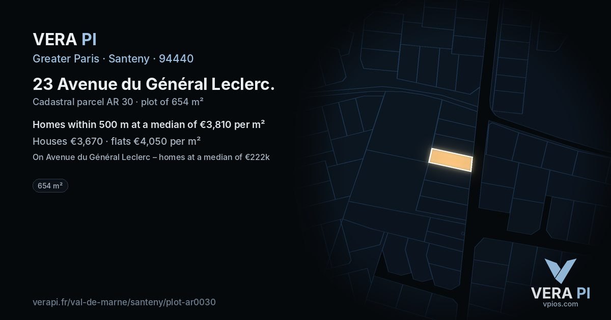 23 Avenue du Général Leclerc, Santeny at night – the plot lit, the parcels around coloured by the prices near them
