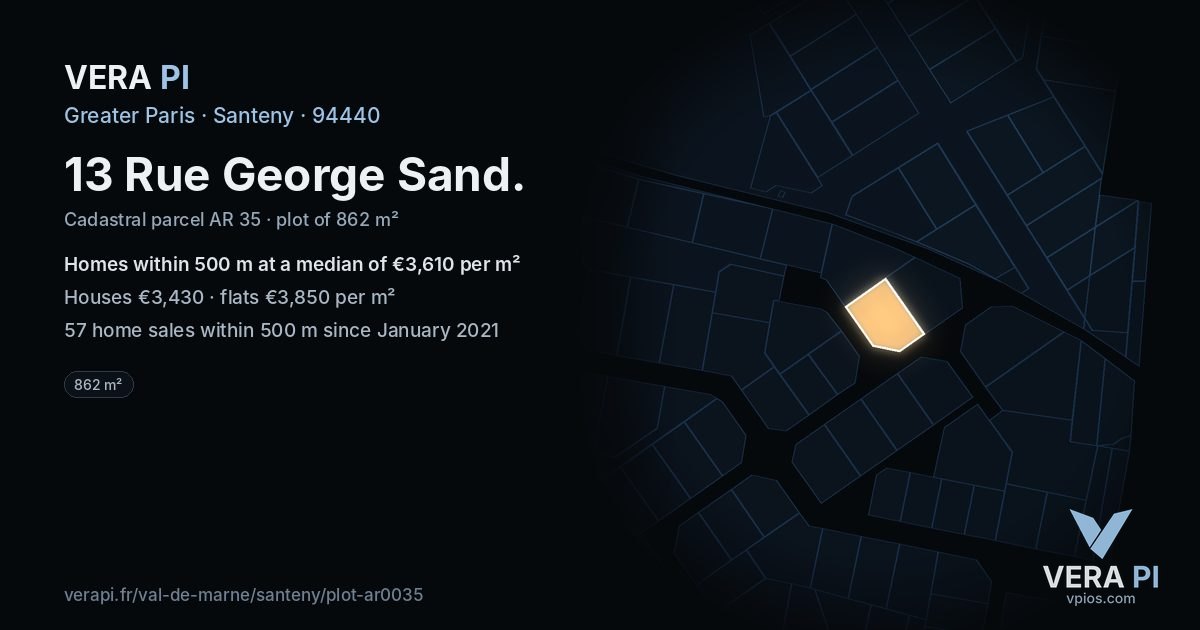 13 Rue George Sand, Santeny at night – the plot lit, the parcels around coloured by the prices near them