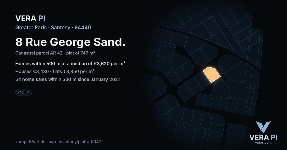 8 Rue George Sand, Santeny at night – the plot lit, the parcels around coloured by the prices near them