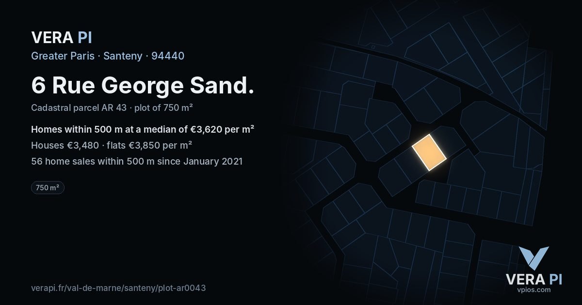 6 Rue George Sand, Santeny at night – the plot lit, the parcels around coloured by the prices near them