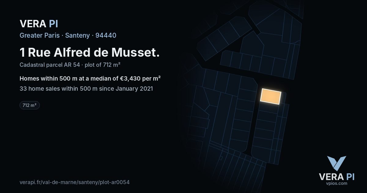 1 Rue Alfred de Musset, Santeny at night – the plot lit, the parcels around coloured by the prices near them