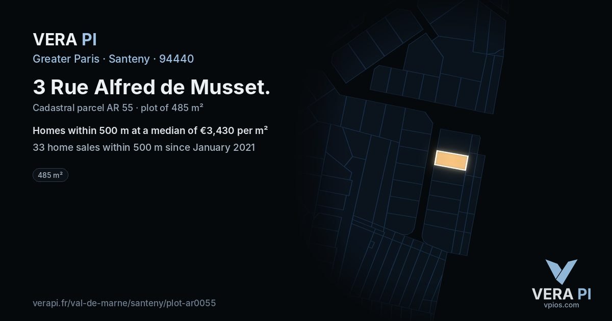 3 Rue Alfred de Musset, Santeny at night – the plot lit, the parcels around coloured by the prices near them