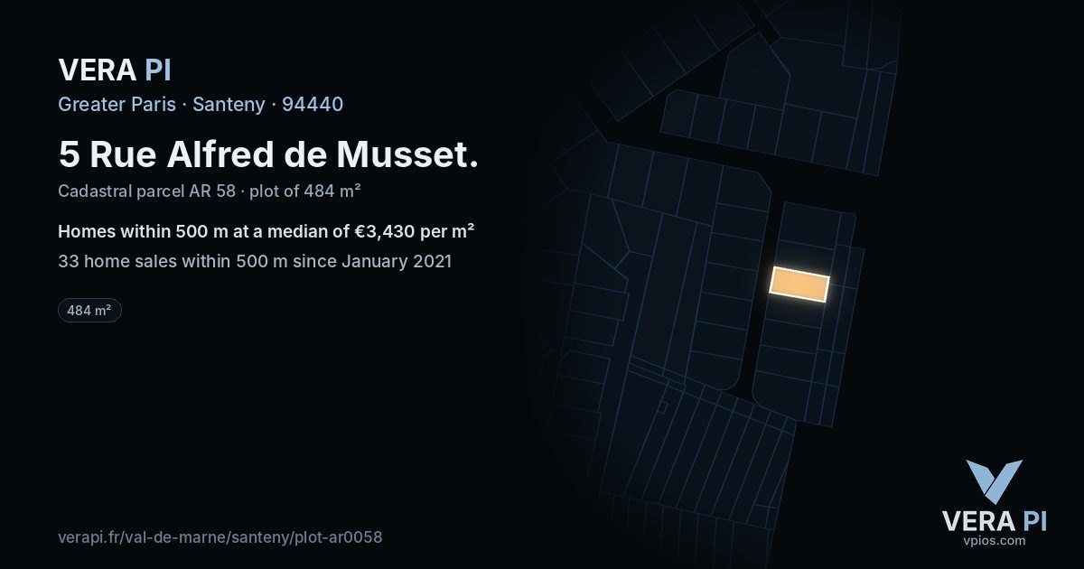 5 Rue Alfred de Musset, Santeny at night – the plot lit, the parcels around coloured by the prices near them