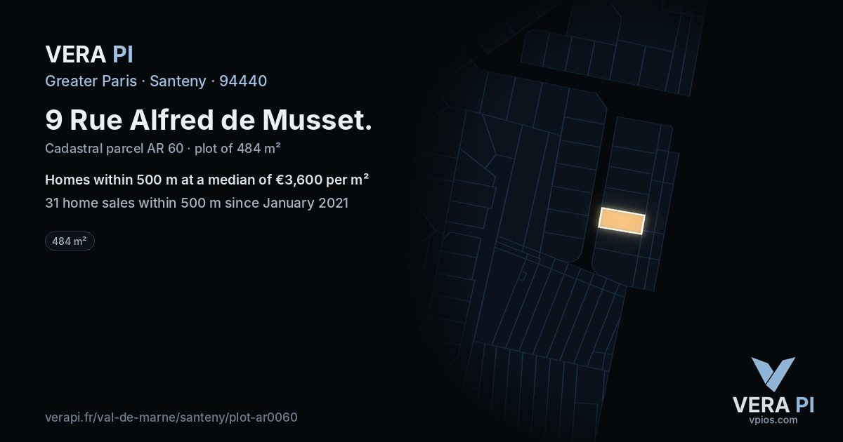 9 Rue Alfred de Musset, Santeny at night – the plot lit, the parcels around coloured by the prices near them