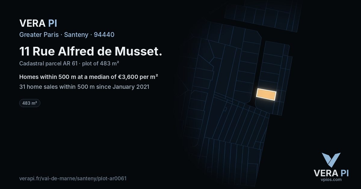11 Rue Alfred de Musset, Santeny at night – the plot lit, the parcels around coloured by the prices near them