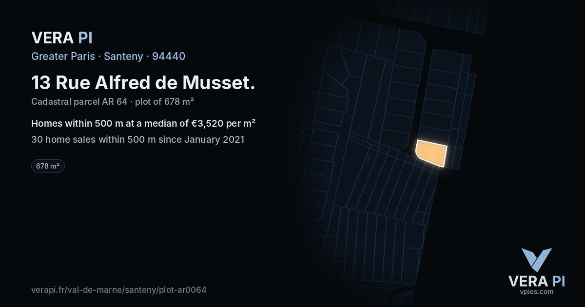 13 Rue Alfred de Musset, Santeny at night – the plot lit, the parcels around coloured by the prices near them