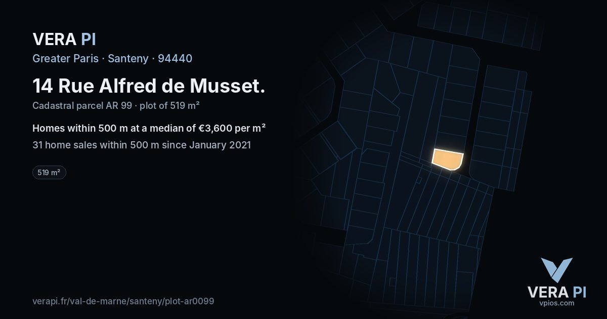 14 Rue Alfred de Musset, Santeny at night – the plot lit, the parcels around coloured by the prices near them
