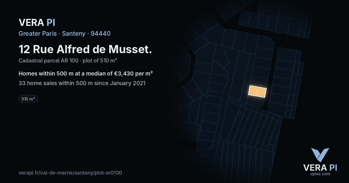 12 Rue Alfred de Musset, Santeny at night – the plot lit, the parcels around coloured by the prices near them