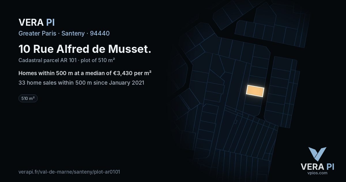 10 Rue Alfred de Musset, Santeny at night – the plot lit, the parcels around coloured by the prices near them