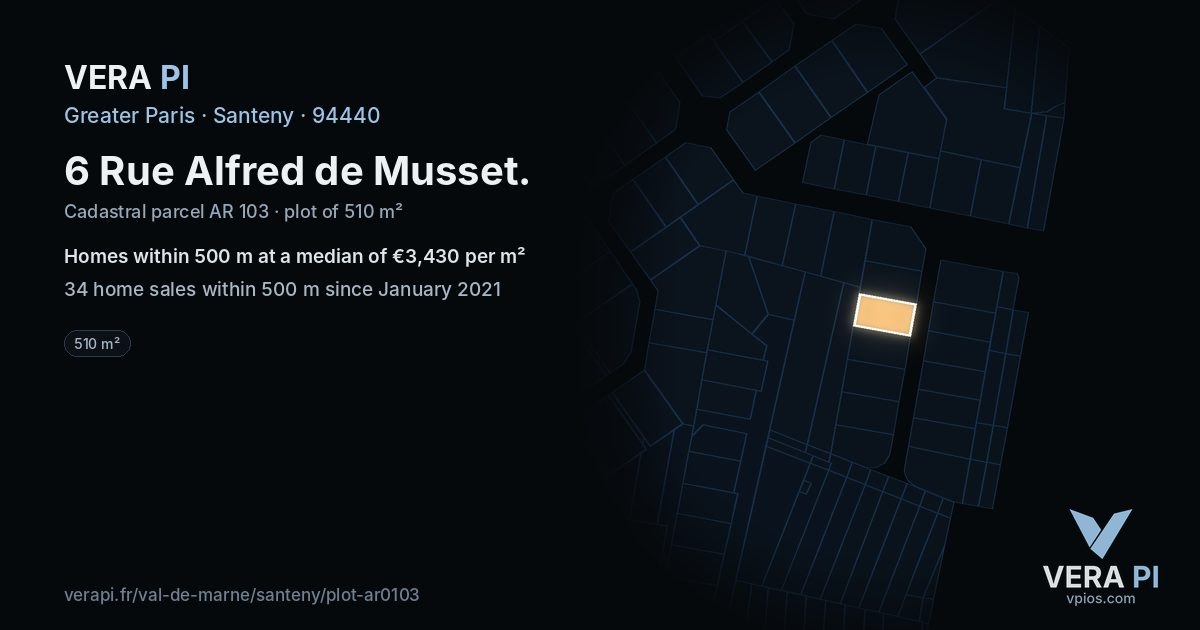 6 Rue Alfred de Musset, Santeny at night – the plot lit, the parcels around coloured by the prices near them