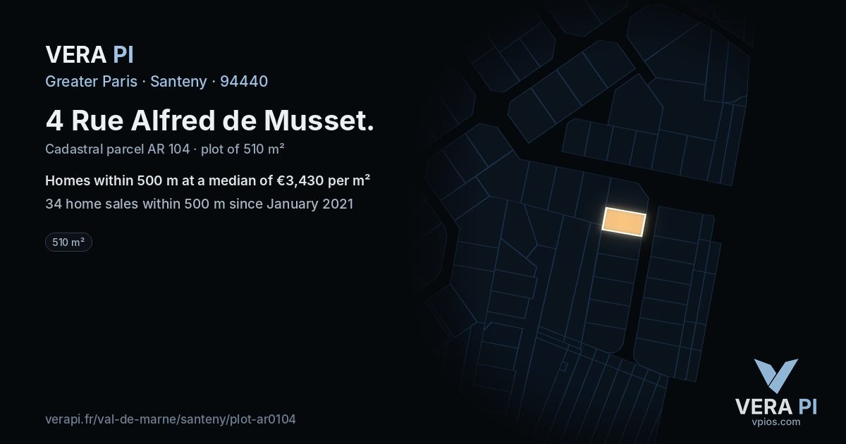 4 Rue Alfred de Musset, Santeny at night – the plot lit, the parcels around coloured by the prices near them