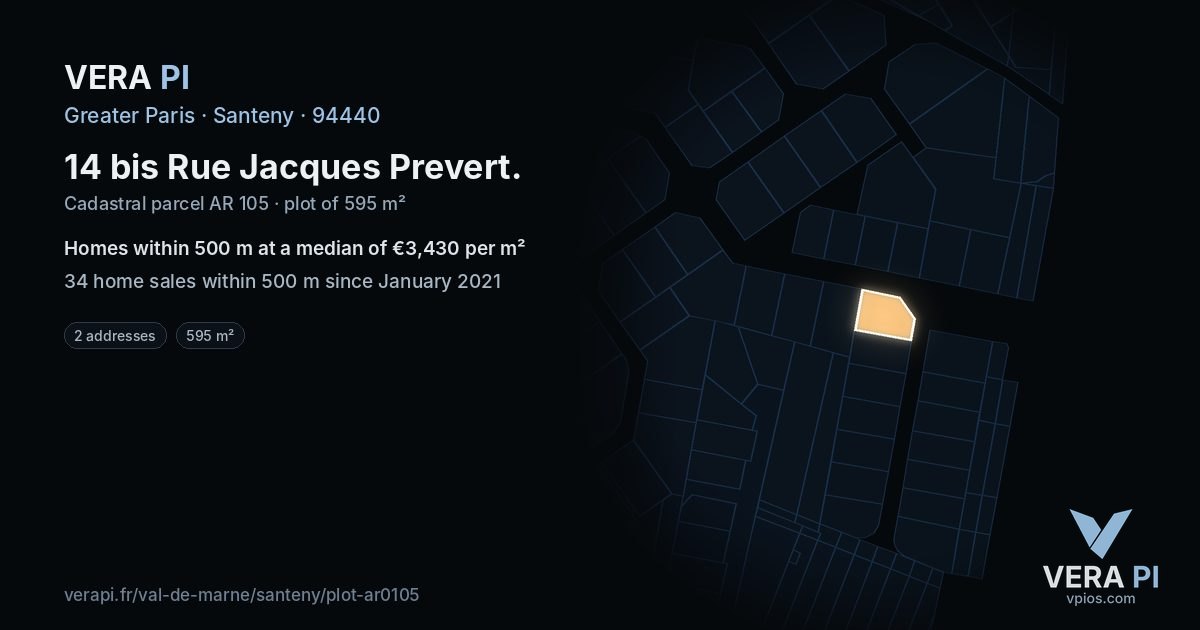 14 bis Rue Jacques Prevert, Santeny at night – the plot lit, the parcels around coloured by the prices near them
