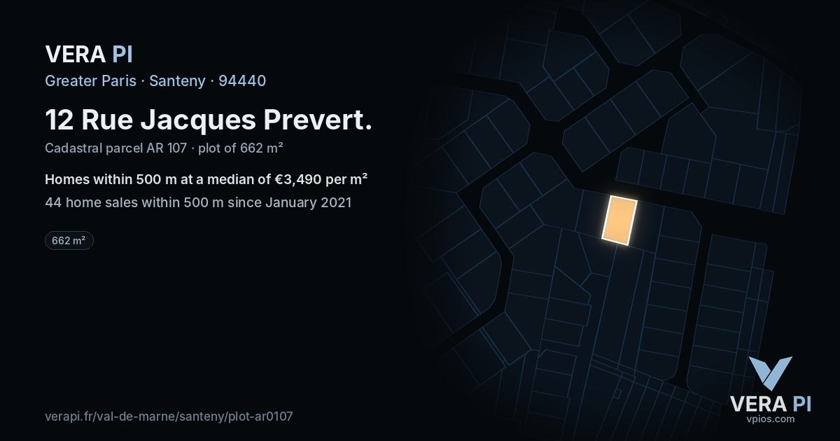 12 Rue Jacques Prevert, Santeny at night – the plot lit, the parcels around coloured by the prices near them
