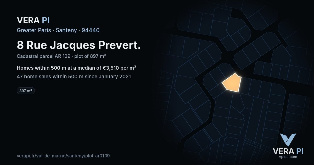 8 Rue Jacques Prevert, Santeny at night – the plot lit, the parcels around coloured by the prices near them