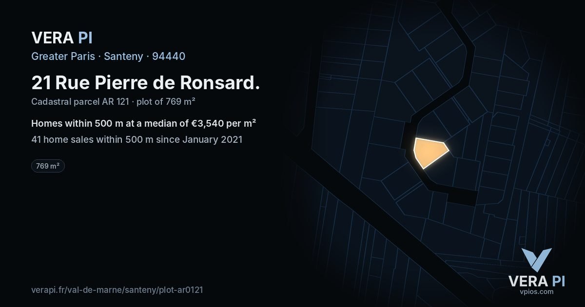 21 Rue Pierre de Ronsard, Santeny at night – the plot lit, the parcels around coloured by the prices near them