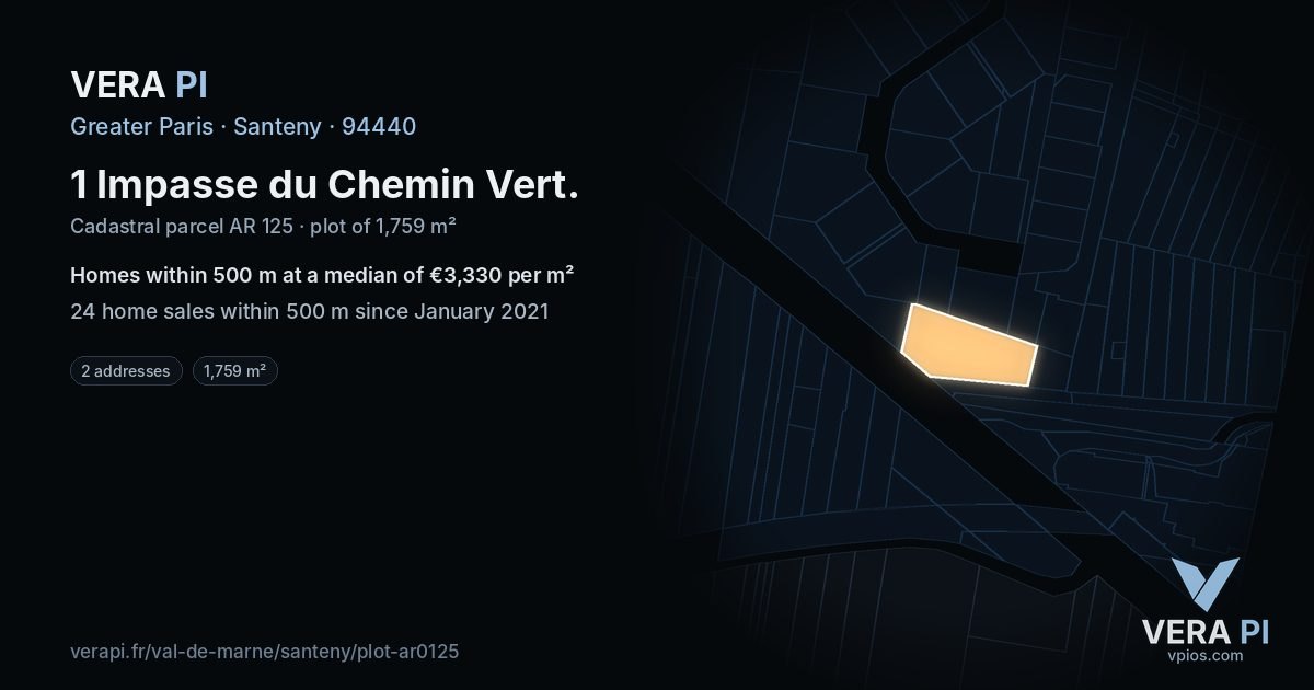 1 Impasse du Chemin Vert, Santeny at night – the plot lit, the parcels around coloured by the prices near them