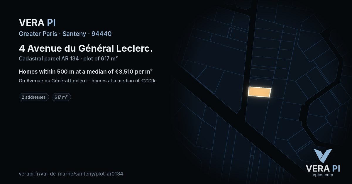 4 Avenue du Général Leclerc, Santeny at night – the plot lit, the parcels around coloured by the prices near them