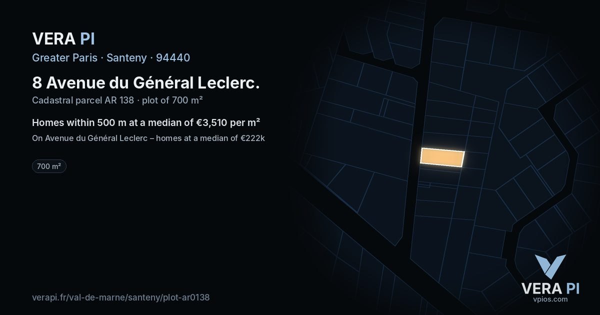 8 Avenue du Général Leclerc, Santeny at night – the plot lit, the parcels around coloured by the prices near them