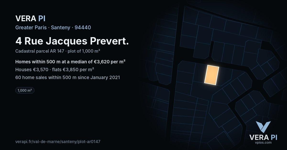 4 Rue Jacques Prevert, Santeny at night – the plot lit, the parcels around coloured by the prices near them