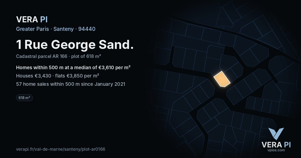 1 Rue George Sand, Santeny at night – the plot lit, the parcels around coloured by the prices near them