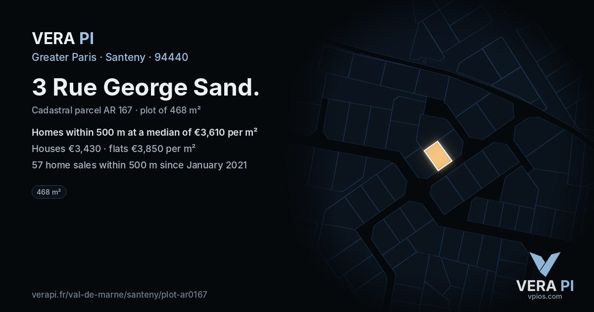 3 Rue George Sand, Santeny at night – the plot lit, the parcels around coloured by the prices near them