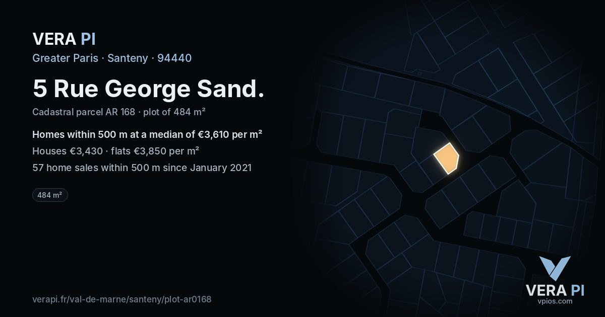 5 Rue George Sand, Santeny at night – the plot lit, the parcels around coloured by the prices near them