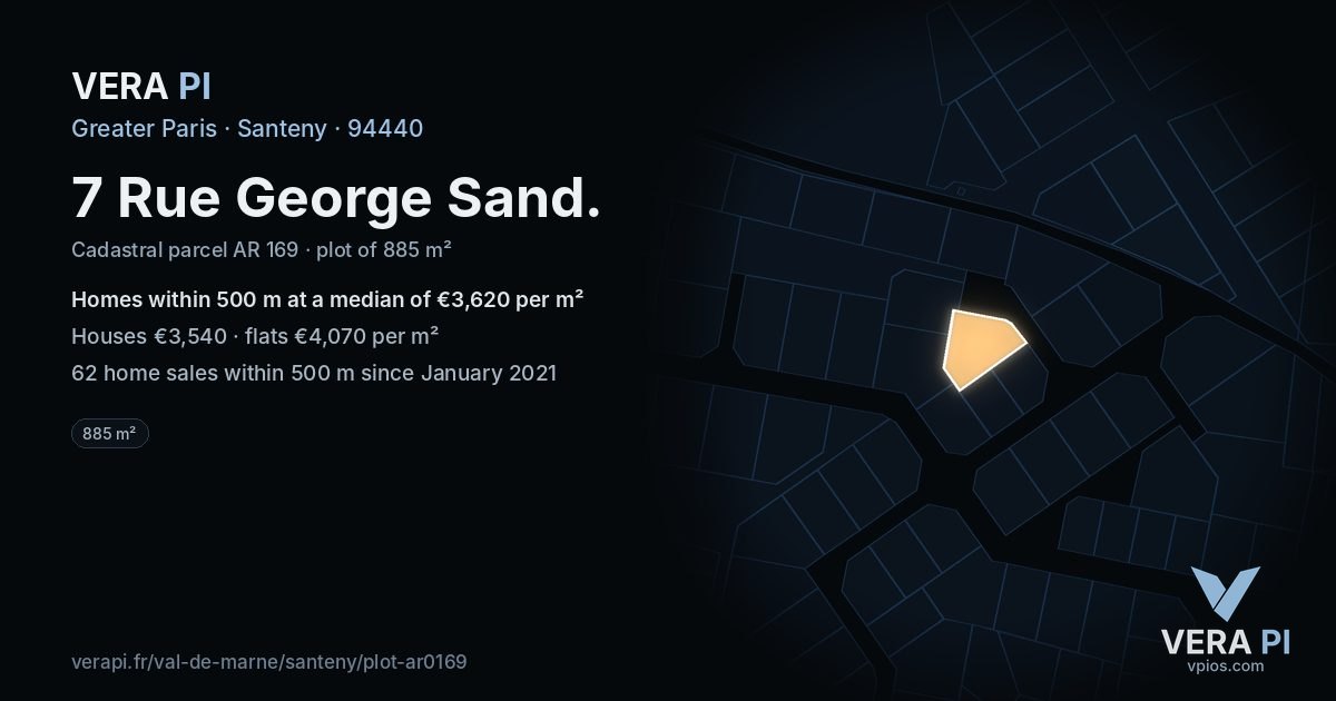 7 Rue George Sand, Santeny at night – the plot lit, the parcels around coloured by the prices near them
