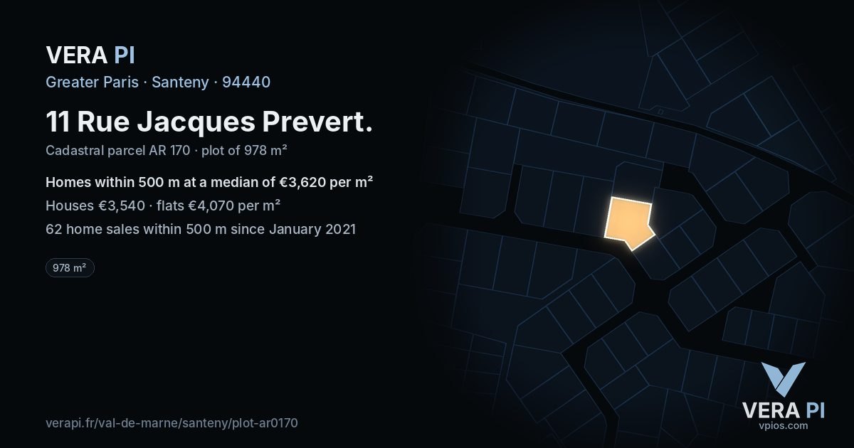11 Rue Jacques Prevert, Santeny at night – the plot lit, the parcels around coloured by the prices near them