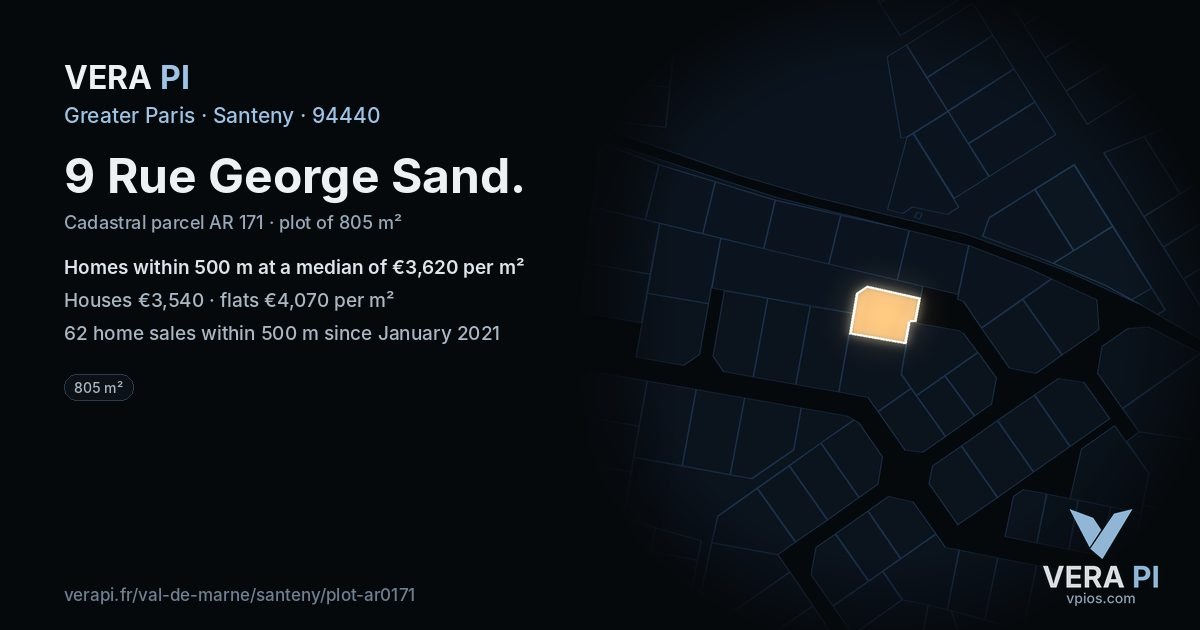 9 Rue George Sand, Santeny at night – the plot lit, the parcels around coloured by the prices near them